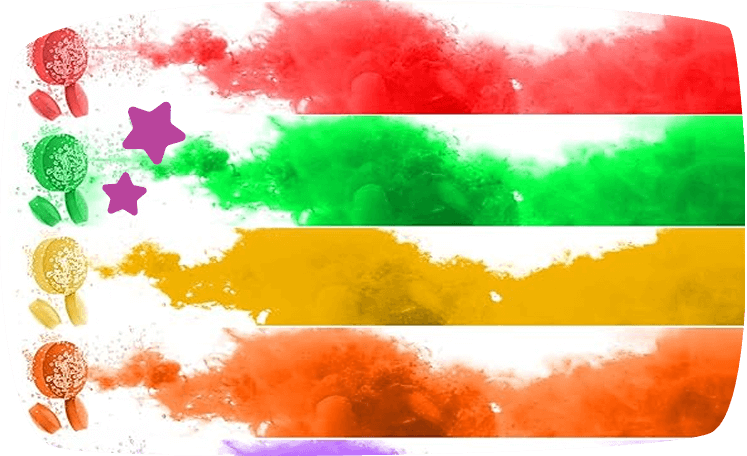 Colorful watercolor paint strokes in red, green, yellow, and orange arranged in horizontal bands, with lollipops, small candies, and purple stars on the left side.
