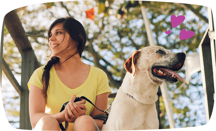 A young woman in a yellow t-shirt sits outdoors with a white Labrador dog on a leash, both looking to the side with pink heart graphics overlaid.
